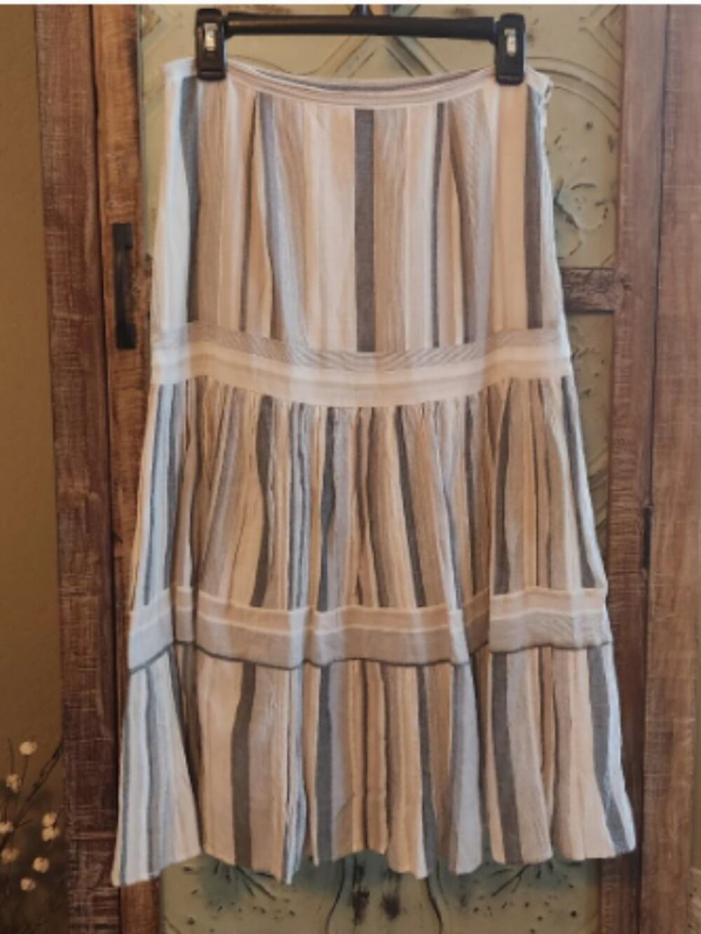 Esprit Vintage Midi Cream & Blue-Gray Striped Tiered Cotton Skirt | Size 9